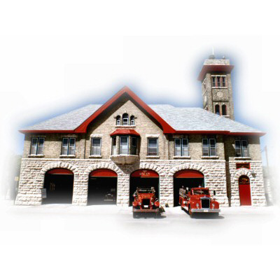 Photo of the historical Winnipeg Fire Fighters Museum with two Fire Engines parked inside